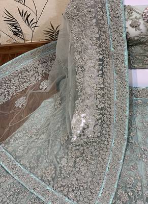 Soft Premium Net Wedding Wear Lehenga In Sky Blue Color With Embroidery Work & Pearl Work 3