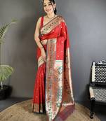 Women red ikkat floral motifs lichi silk saree