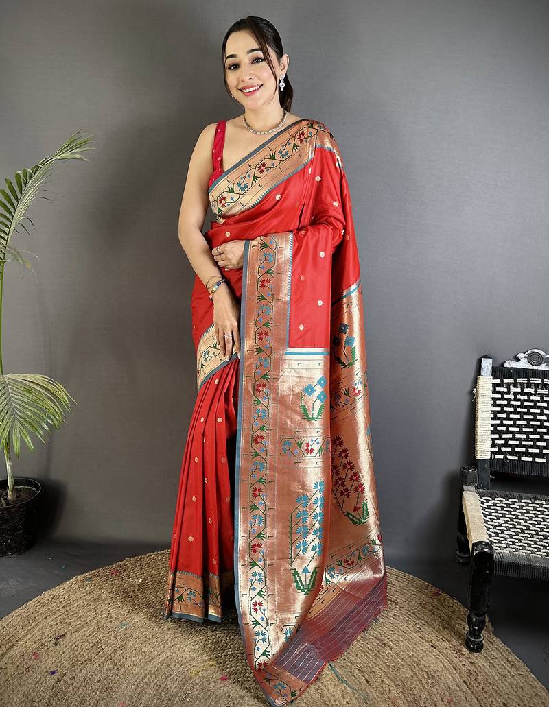 Women red ikkat floral motifs lichi silk saree