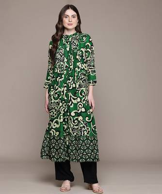 Green printed viscose long kurti 1