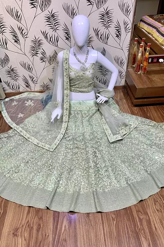 Soft Premium Net Wedding Lehenga In Green With Embroidery & Pearl Work