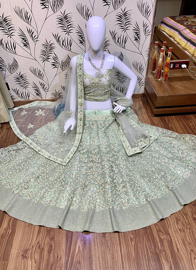 Soft Premium Net Wedding Lehenga In Green With Embroidery & Pearl Work