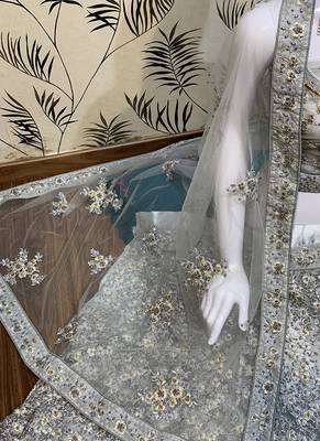 Soft Premium Net Wedding Lehenga In Grey With Embroidery & Pearl Work 3