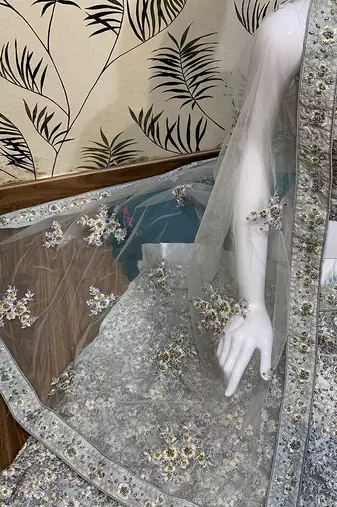 Soft Premium Net Wedding Lehenga In Grey With Embroidery & Pearl Work