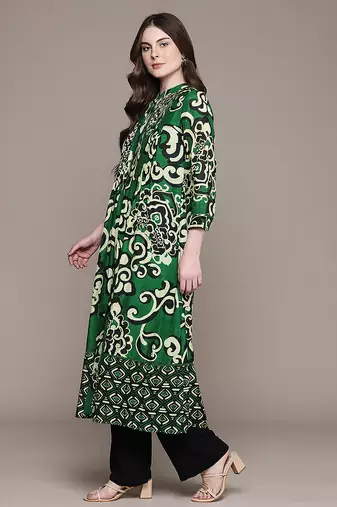 Green printed viscose long kurti