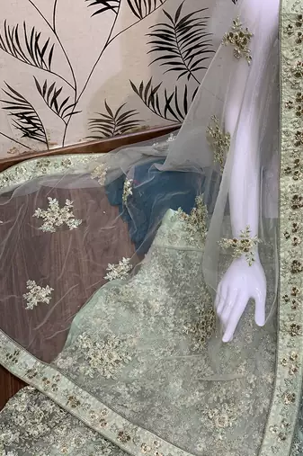 Soft Premium Net Wedding Lehenga In Green With Embroidery & Pearl Work