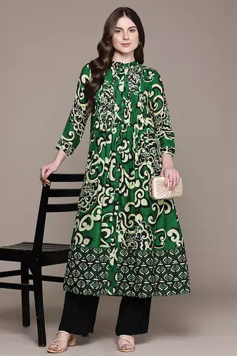 Green printed viscose long kurti