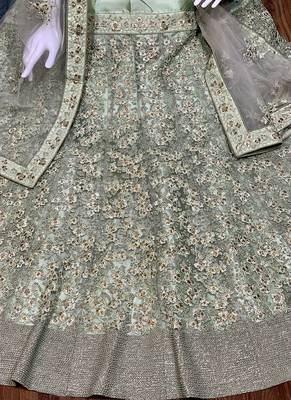 Soft Premium Net Wedding Lehenga In Green With Embroidery & Pearl Work 3