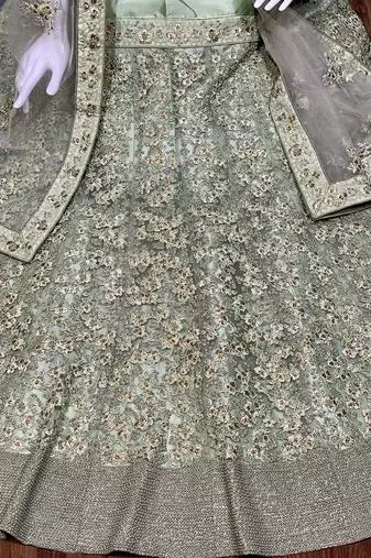 Soft Premium Net Wedding Lehenga In Green With Embroidery & Pearl Work