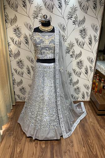Soft Premium Net Wedding Lehenga In Grey With Embroidery & Pearl Work