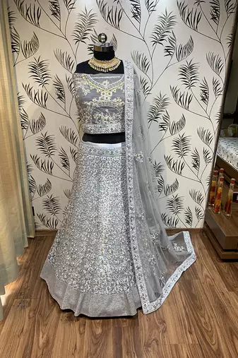 Soft Premium Net Wedding Lehenga In Grey With Embroidery & Pearl Work