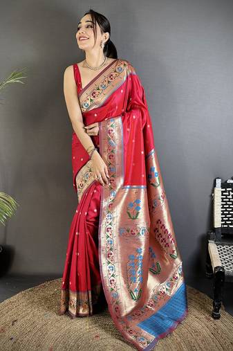 Women ruby red ikkat floral motifs lichi silk saree