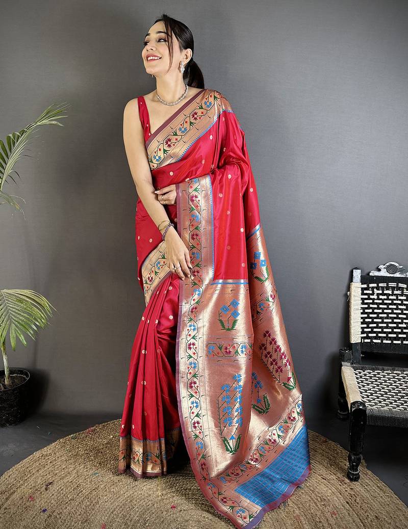 Women ruby red ikkat floral motifs lichi silk saree