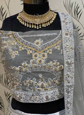 Soft Premium Net Wedding Lehenga In Grey With Embroidery & Pearl Work 2