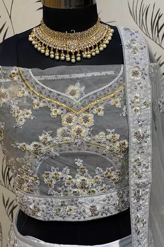 Soft Premium Net Wedding Lehenga In Grey With Embroidery & Pearl Work