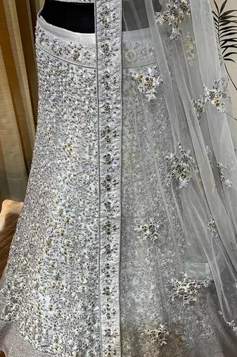 Soft Premium Net Wedding Lehenga In Grey With Embroidery & Pearl Work