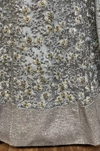 Soft Premium Net Wedding Lehenga In Grey With Embroidery & Pearl Work