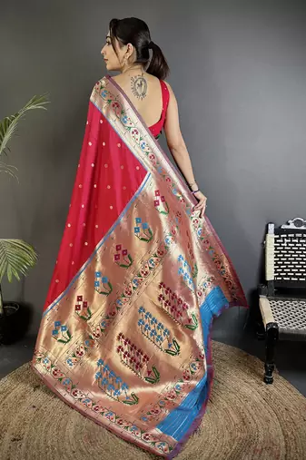 Women ruby red ikkat floral motifs lichi silk saree