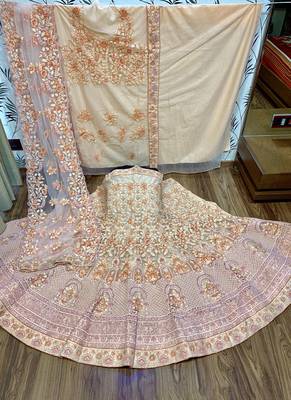 Soft Premium Net Wedding Wear Lehenga In Peach WIth Embroidery & Pearl Work 1