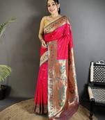 Women crimson ikkat floral motifs lichi silk saree