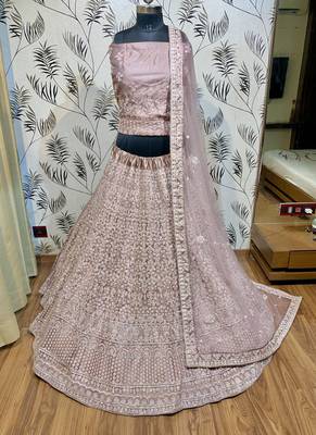 Soft Premium Net Wedding Wear Lehenga In Dusty Pink With Luckhnowi Work & Stone Work 1