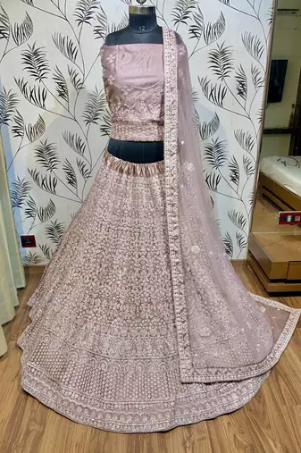 Soft Premium Net Wedding Wear Lehenga In Dusty Pink With Luckhnowi Work & Stone Work