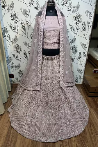 Soft Premium Net Wedding Wear Lehenga In Dusty Pink With Luckhnowi Work & Stone Work