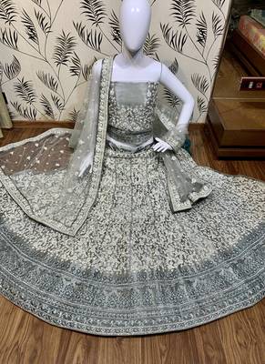 Soft Premium Net Wedding Wear Lehenga In Ravishing Grey With Luckhnowi Work & Stone Work 1