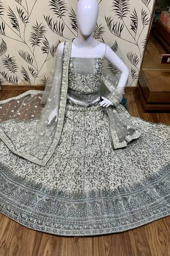 Soft Premium Net Wedding Wear Lehenga In Ravishing Grey With Luckhnowi Work & Stone Work