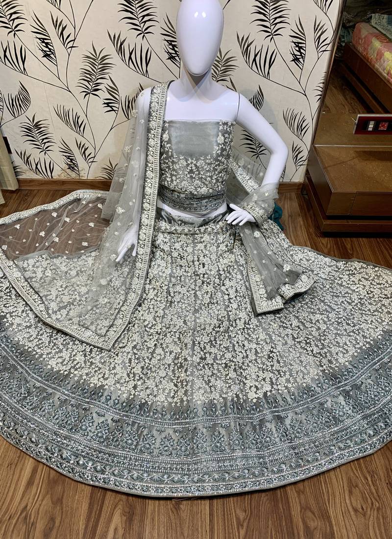 Soft Premium Net Wedding Wear Lehenga In Ravishing Grey With Luckhnowi Work & Stone Work