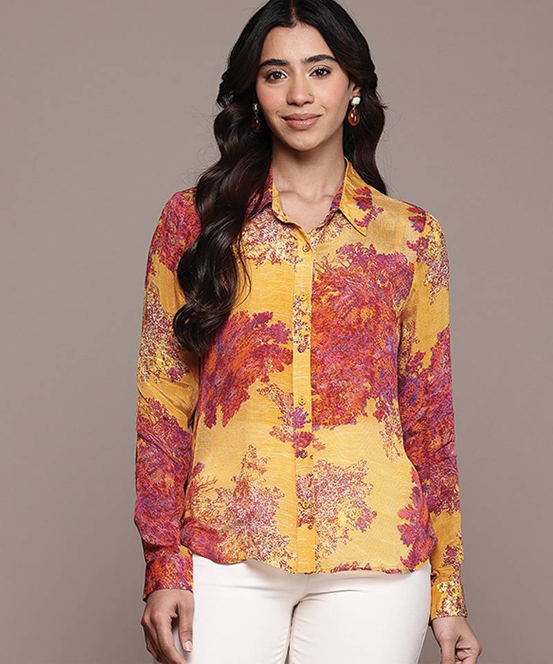 Yellow printed chinon shirt