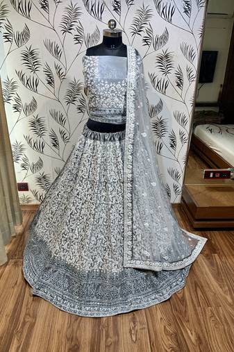 Soft Premium Net Wedding Wear Lehenga In Ravishing Grey With Luckhnowi Work & Stone Work