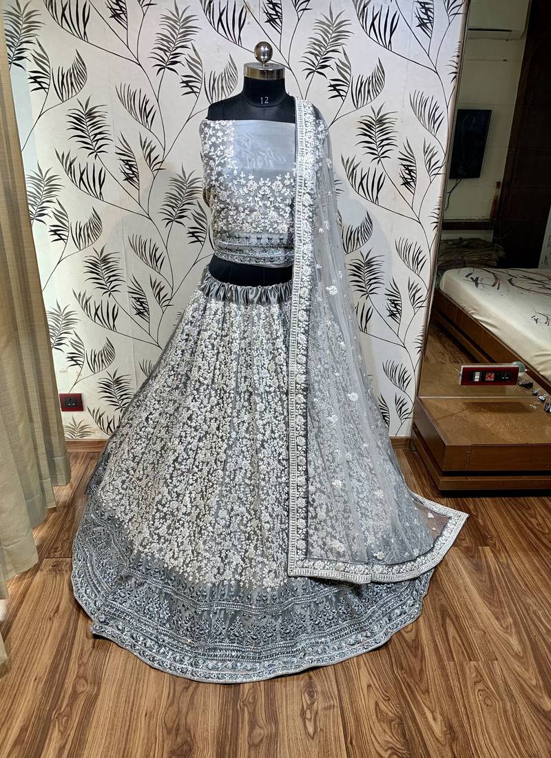Soft Premium Net Wedding Wear Lehenga In Ravishing Grey With Luckhnowi Work & Stone Work