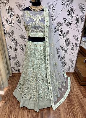 Soft Premium Net Wedding Lehenga In Green With Embroidery & Pearl Work 1