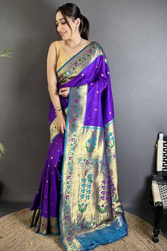 Women purple ikkat floral motifs lichi silk saree