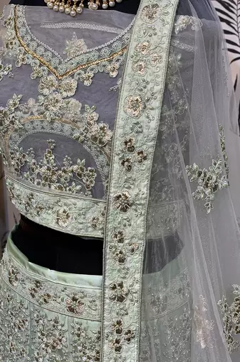 Soft Premium Net Wedding Lehenga In Green With Embroidery & Pearl Work