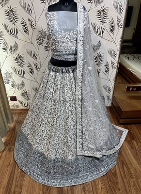 Soft Premium Net Wedding Wear Lehenga In Ravishing Grey With Luckhnowi Work & Stone Work 2