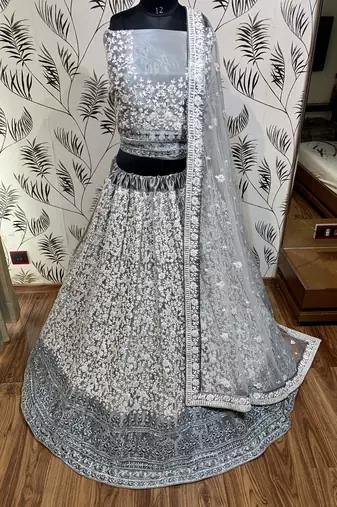 Soft Premium Net Wedding Wear Lehenga In Ravishing Grey With Luckhnowi Work & Stone Work