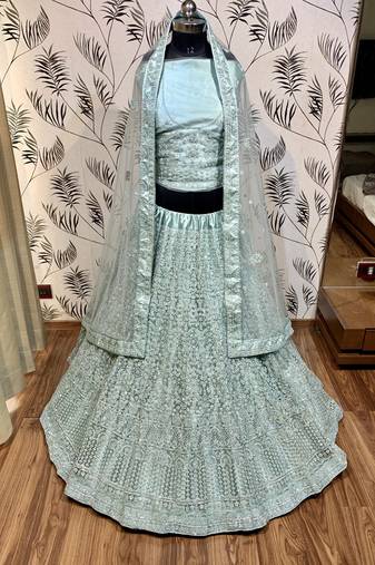 Soft Premium Net Wedding Wear Lehenga In Light Sea Green With Luckhnowi Work & Stone Work