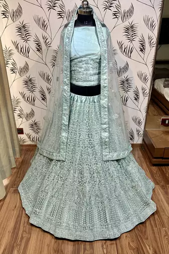 Soft Premium Net Wedding Wear Lehenga In Light Sea Green With Luckhnowi Work & Stone Work