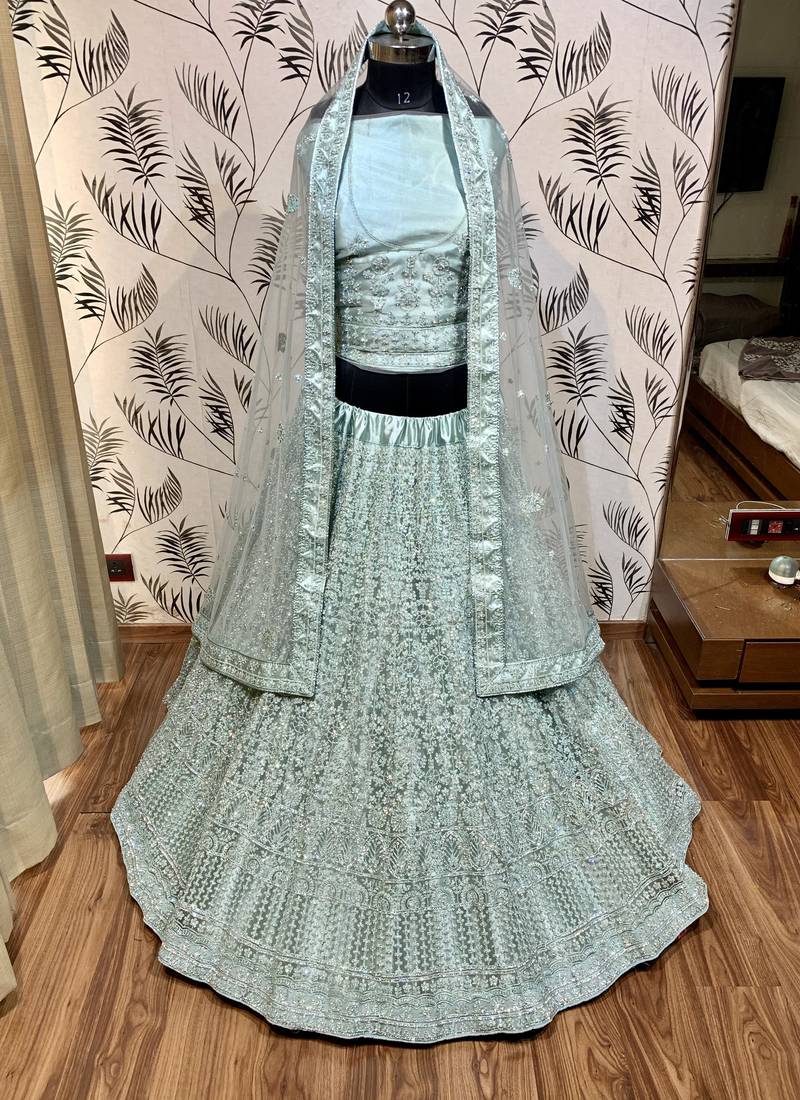 Soft Premium Net Wedding Wear Lehenga In Light Sea Green With Luckhnowi Work & Stone Work