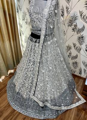 Soft Premium Net Wedding Wear Lehenga In Ravishing Grey With Luckhnowi Work & Stone Work 3