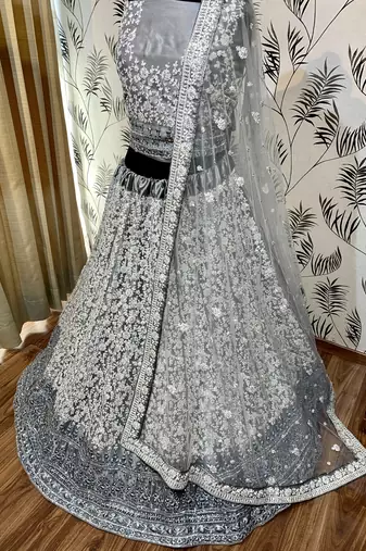 Soft Premium Net Wedding Wear Lehenga In Ravishing Grey With Luckhnowi Work & Stone Work