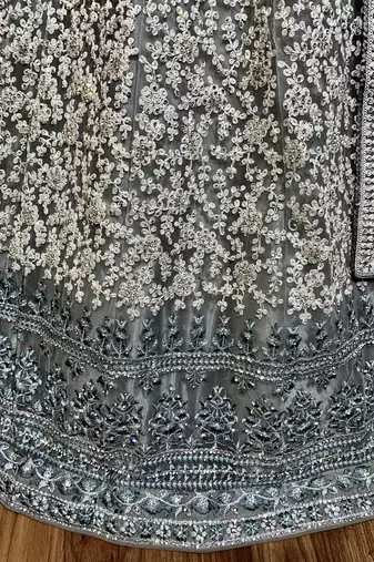 Soft Premium Net Wedding Wear Lehenga In Ravishing Grey With Luckhnowi Work & Stone Work