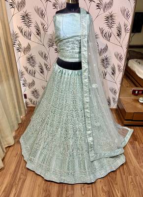 Soft Premium Net Wedding Wear Lehenga In Light Sea Green With Luckhnowi Work & Stone Work 2
