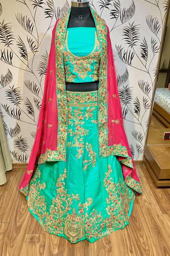 Pure Satin Silk Mehendi Sangeet Lehenga Green Color With Embroidery Work & Stone Work