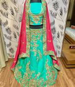Pure Satin Silk Mehendi Sangeet Lehenga Green Color With Embroidery Work & Stone Work