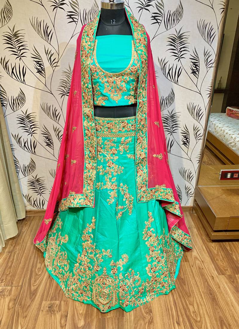 Pure Satin Silk Mehendi Sangeet Lehenga Green Color With Embroidery Work & Stone Work
