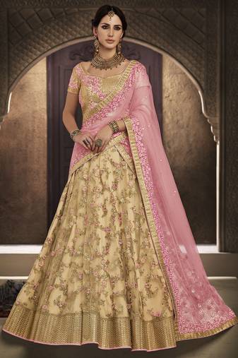 Soft Premium Net Wedding Lehenga In Golden With Embroidery & Stone Work