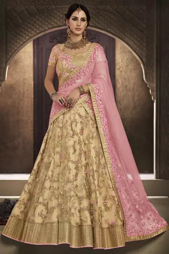 Soft Premium Net Wedding Lehenga In Golden With Embroidery & Stone Work